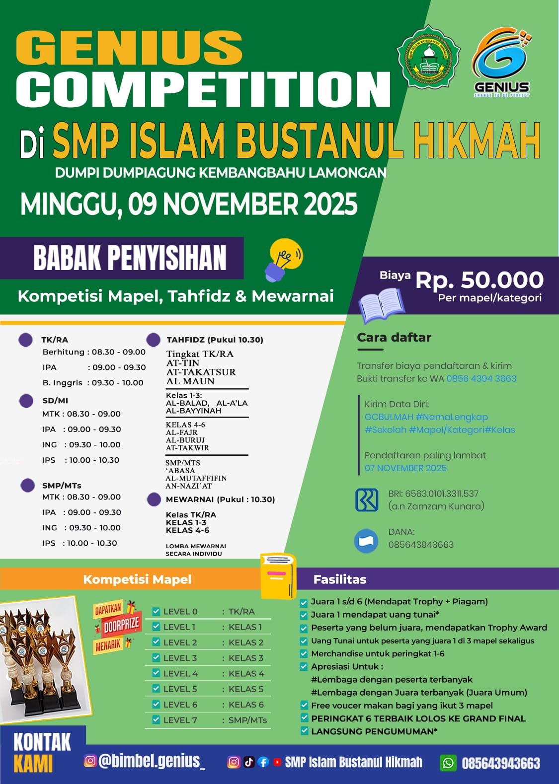 Genius Competition di SMP Islam Bustanul Hikmah, Ajang Prestasi untuk Siswa TK hingga SMP